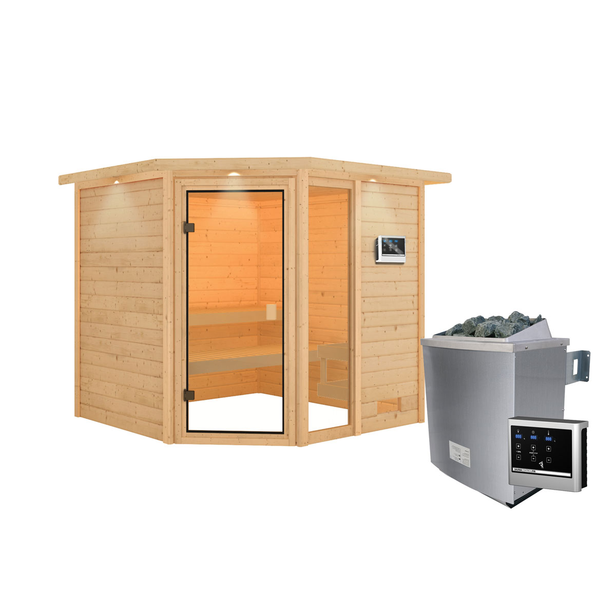 Karibu Sauna Tabea mit Kranz naturbelassen externe Steuerung Bild 3