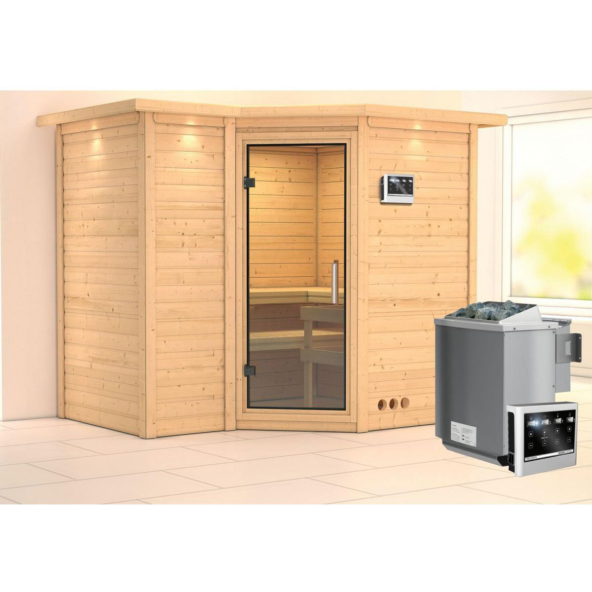 Karibu Sauna Sahib 2 Eckeinstieg 9kW Bio Ofen externe Strg mit Kranz Klarglas-Tür Bild 6