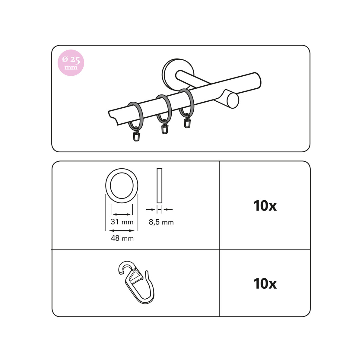Gardinia Gardienenringe mit Faltenlegehaken für Durchmesser 25 mm castell-eiche Bild 4