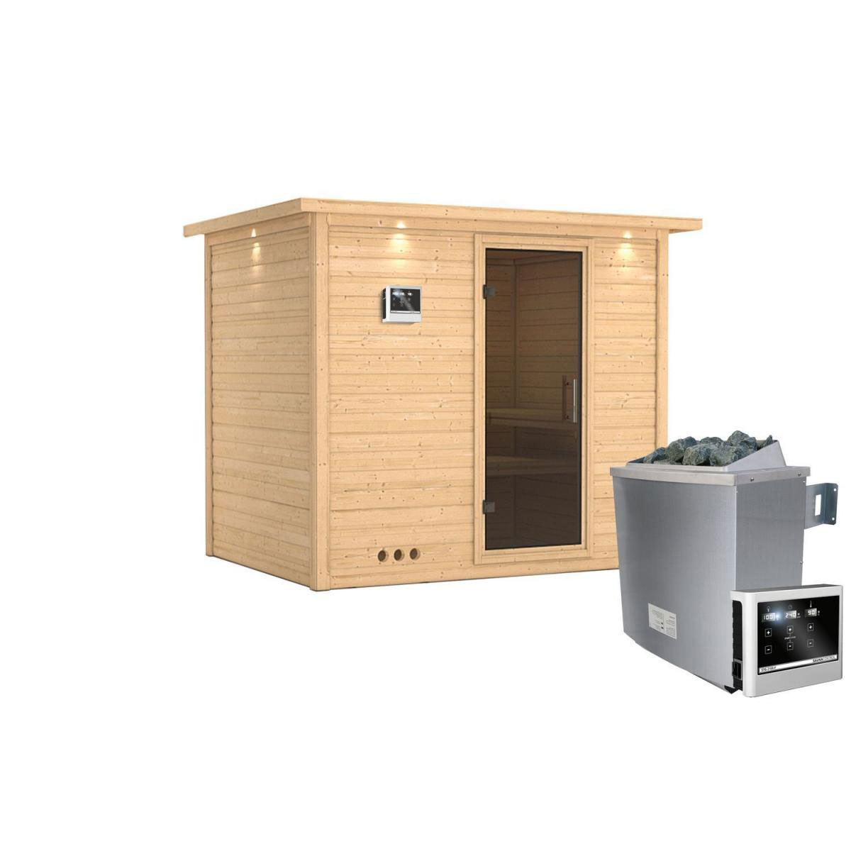 Karibu Sauna Sonara Fronteinstieg 9 kW Ofen externe Strg modern Tür graphit mit Kranz Bild 2