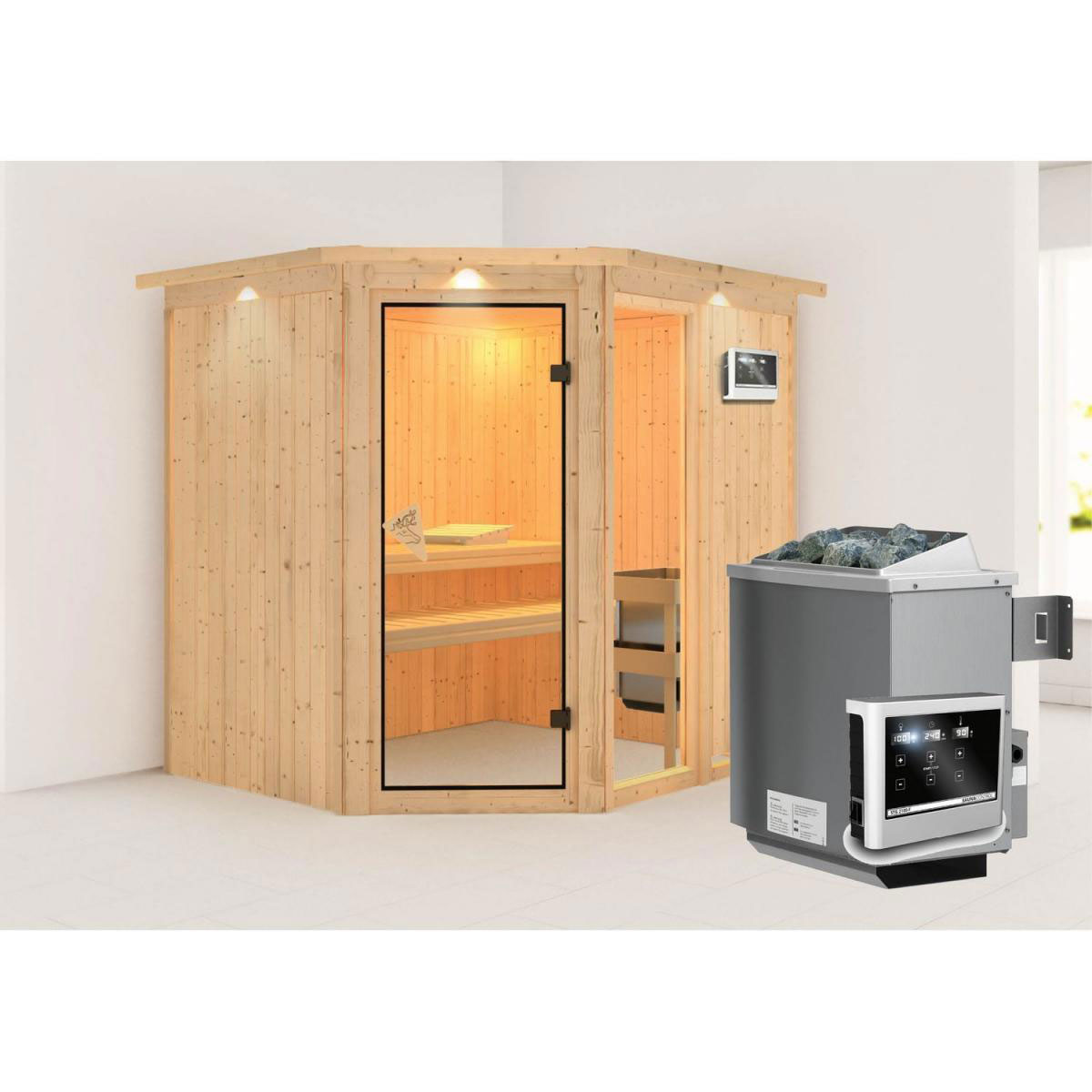 Karibu Systemsauna Fiona 2 68 mm 9 kW Ofen externe Strg modern mit Dachkranz Bild 1