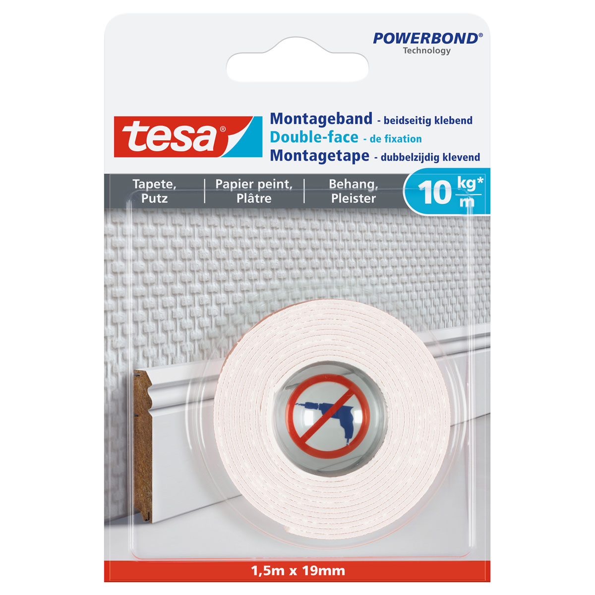 Tesa Montageband für Tapete und Putz 1,5 mm x 19 mm Traglast 10 kg Bild 1