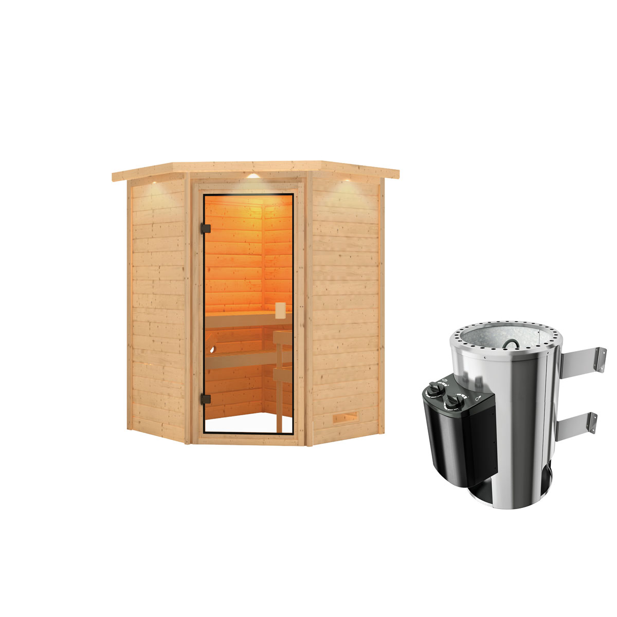Karibu Sauna Antonia 3,6 kW mit Kranz naturbelassen integrierte Steuerung Bild 3