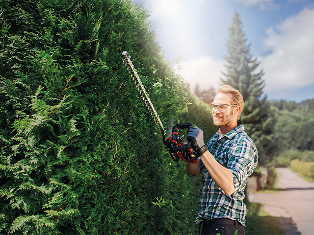 Mann mit Heckenschere und Schutzbrille schneidet Hecke