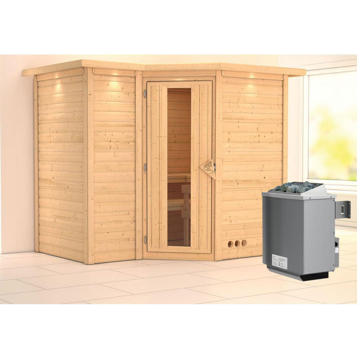 Karibu Sahib 2 Eckeinstieg 9 kW Ofen integr Strg mit Kranz Tür gedämmt