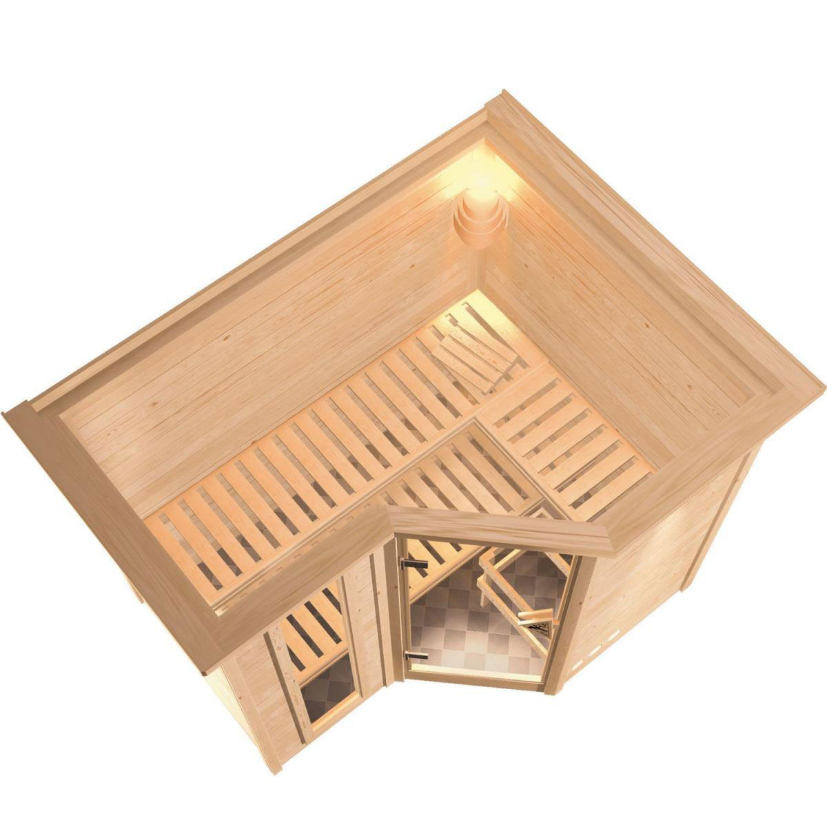 Karibu Massivholzsauna Sahib 2 40 mm 9 kW Ofen integr Strg mit Dachkranz Bild 3