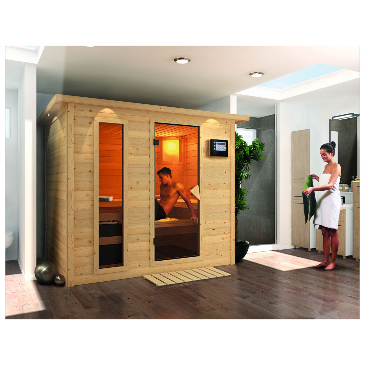 Karibu Massivholzsauna Sonara 3 40 mm 9 kW Ofen Bio externe Strg mit Kranz