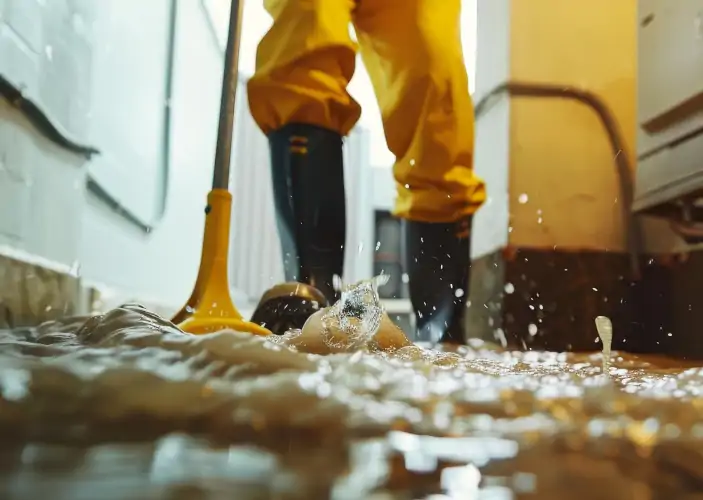 Ein Mensch in gelbem Regenanzug entfernt mit einem Stab Wasser aus einem überfluteten Keller.