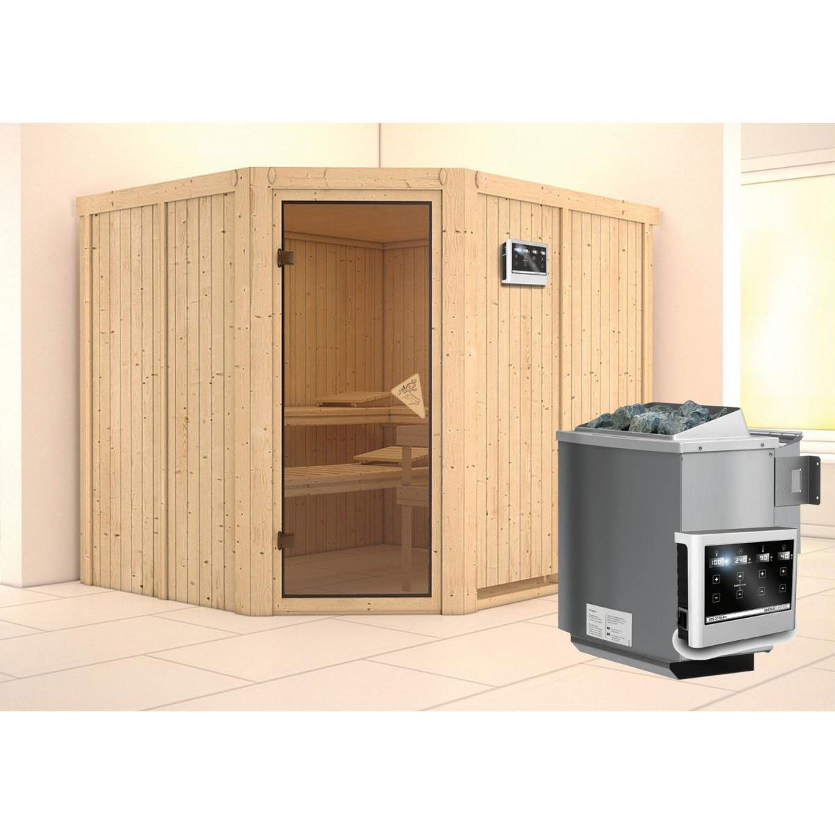 Karibu Systemsauna Malin 68 mm 9 kW Ofen Bio externe Strg ohne Dachkranz Bild 1