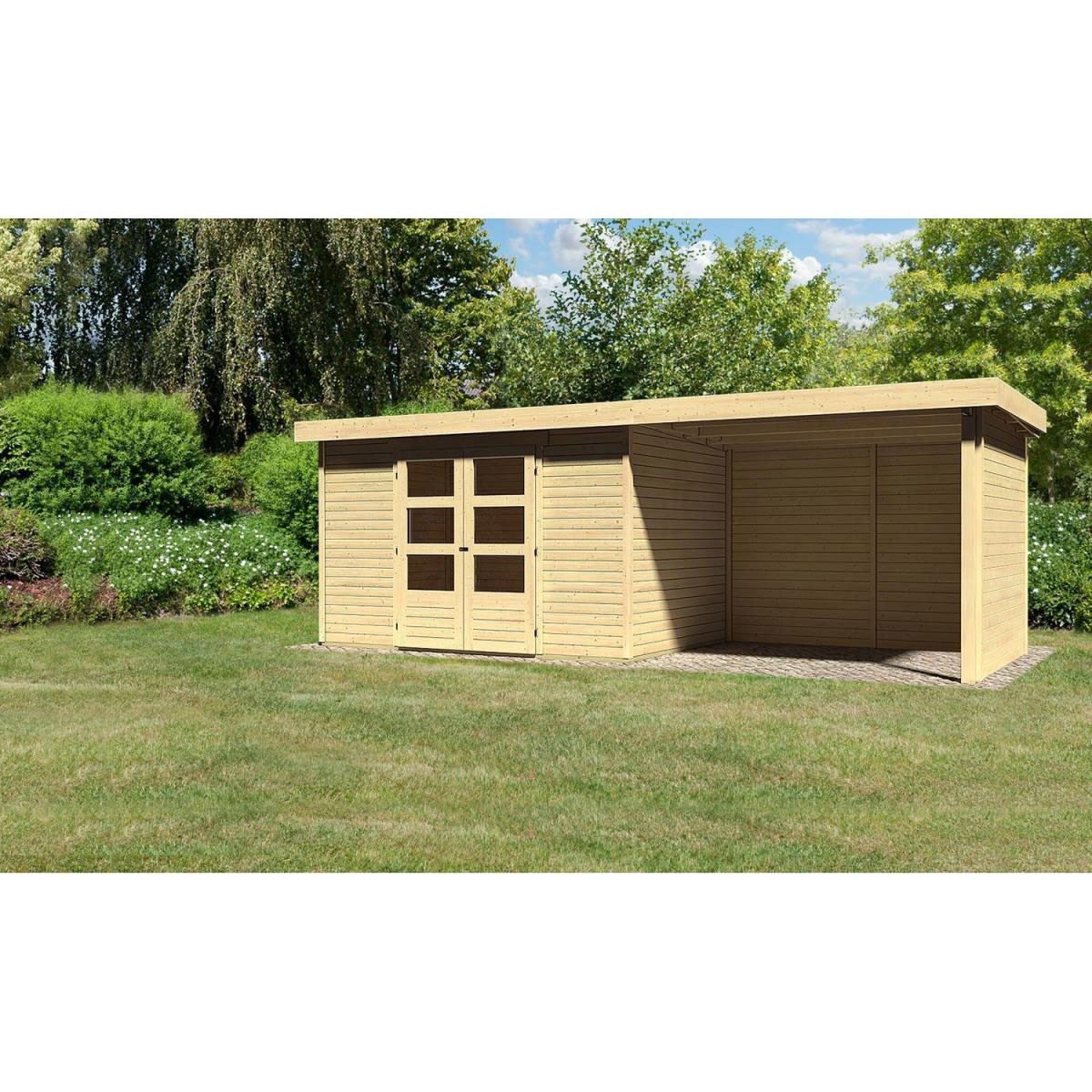 Karibu Gartenhaus Askola mit Anbaudach 265 cm und Seiten-/Rückwand naturbelassen 557 x 217 x 218 cm Bild 1