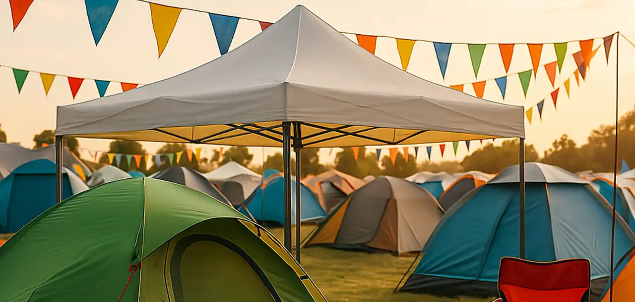 Festivalplatz mit Zelt, Pavillion, Grill und Campingstuhl quer