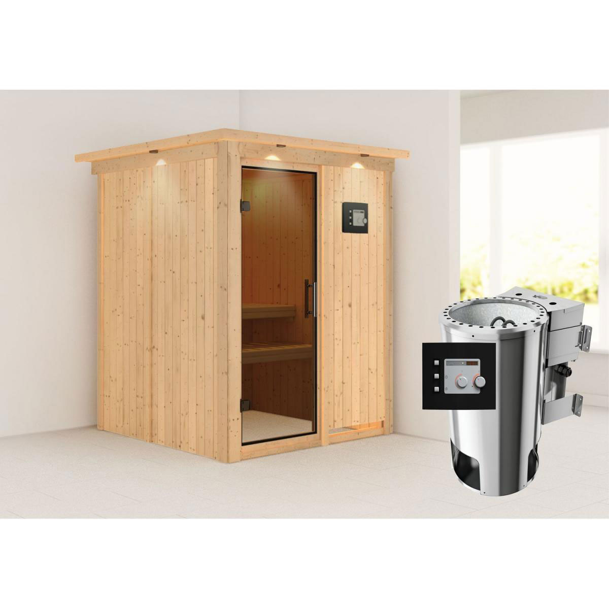 Karibu Sauna Minja Fronteinstieg 3,6 kW Bio Ofen externe Strg modern mit Kranz graphitfarbene Glastür Bild 7