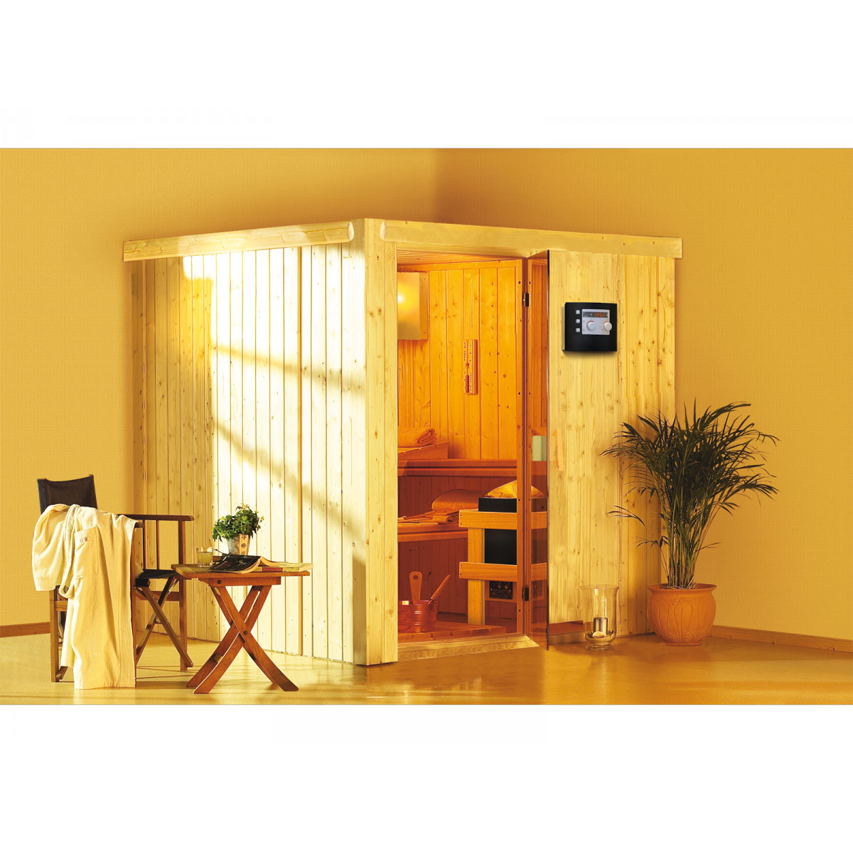 Karibu Systemsauna Rodin 68 mm 9 kW Ofen Bio externe Strg mit Dachkranz