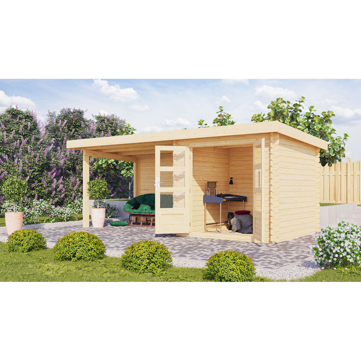 Karibu BBH Bastrup 2 Set mit Anbaudach naturbelassen