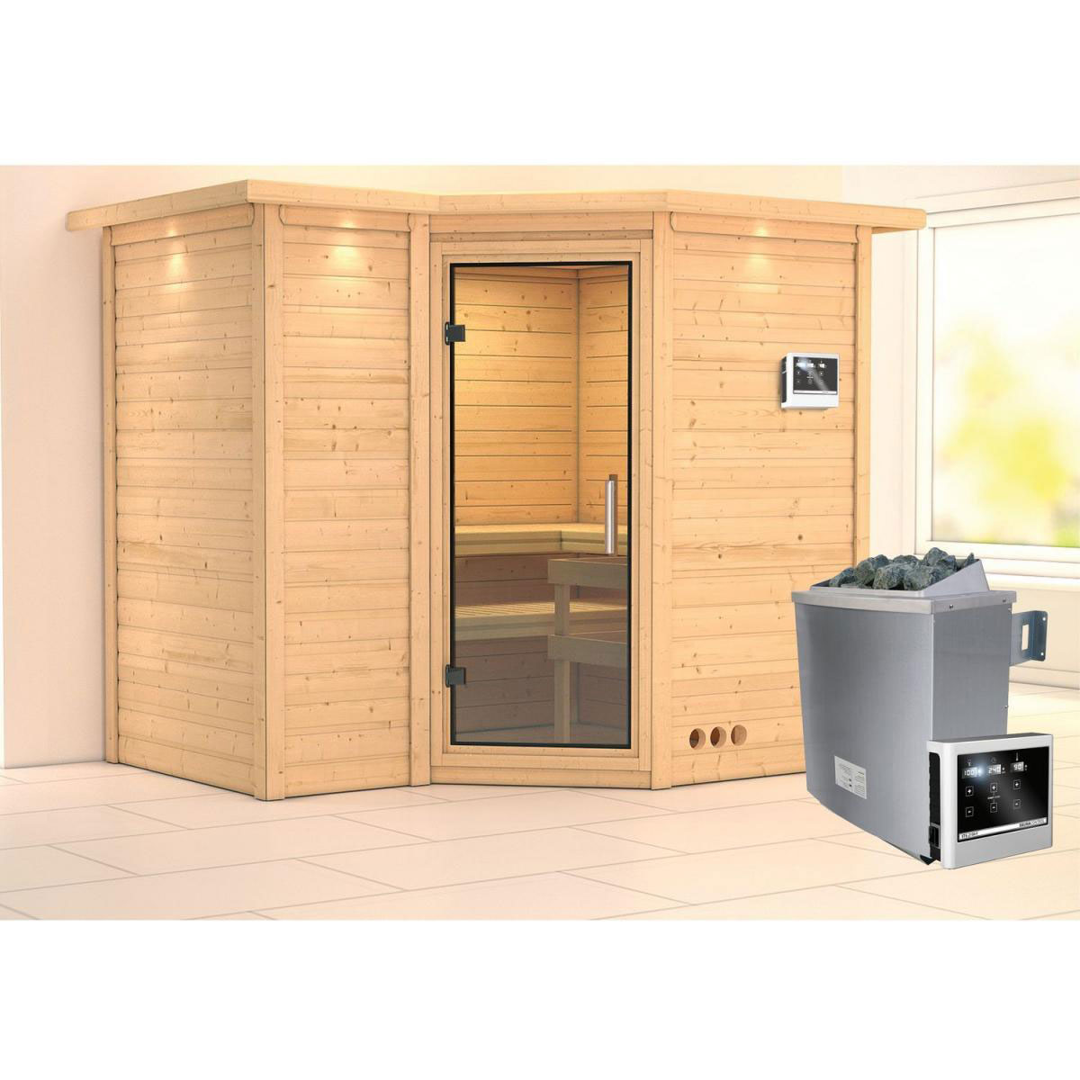 Karibu Sauna Sahib 2 Eckeinstieg 9 kW Ofen externe Strg mit Kranz Klarglas-Tür Bild 6