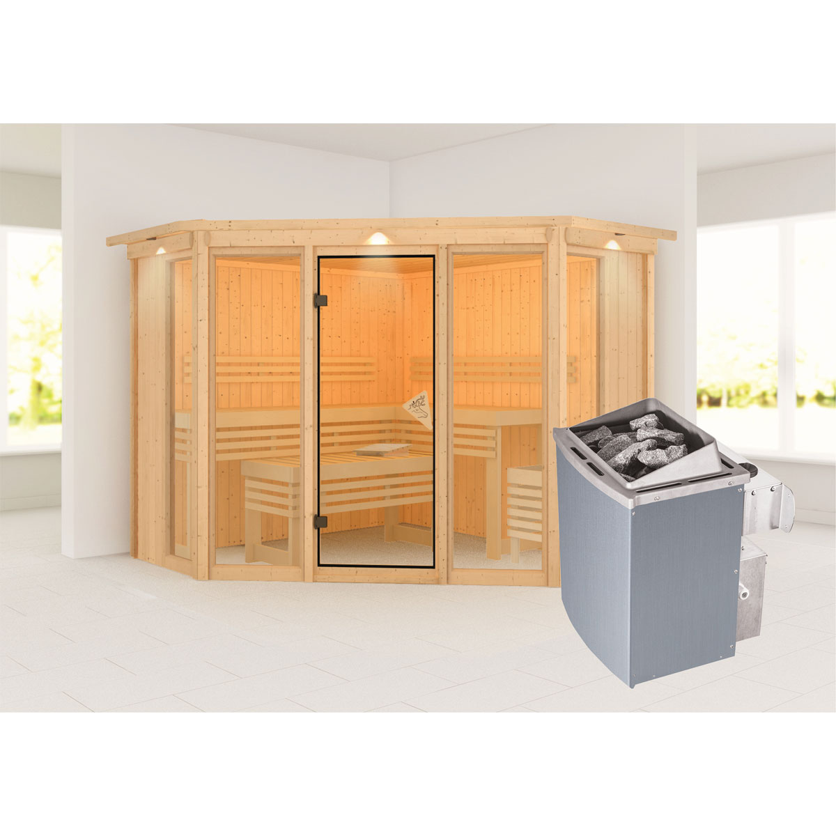 Karibu Sauna Alcinda 2 mit Kranz naturbelassen integrierte Steuerung Bild 1