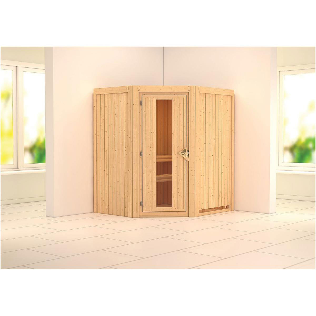Karibu Sauna Tonja Eckeinstieg ohne Ofen kein Kranz Klarglas-Tür Bild 5
