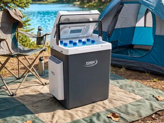 Kühlbox mit Wasserflaschen auf einer Decke vor einem Campingzelt