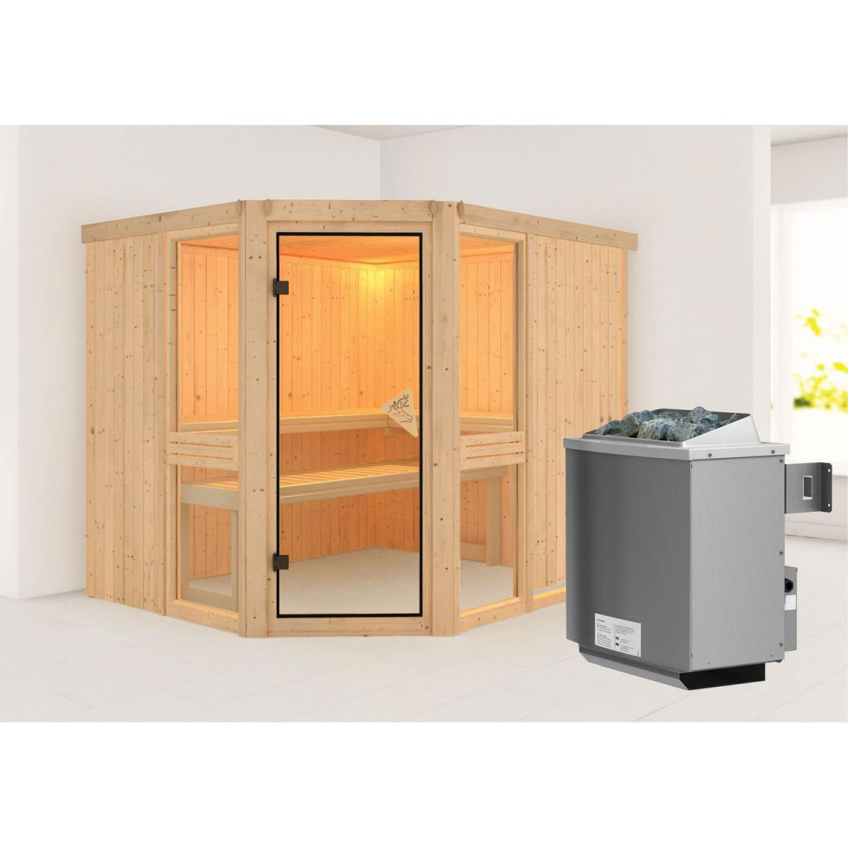 Karibu Amelia 3 Eckeinstieg 9 kW Ofen integr Strg ohne Kranz Bild 1