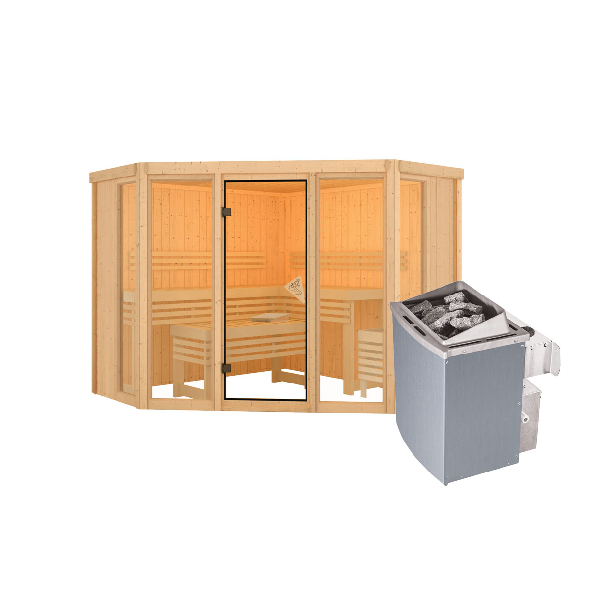 Karibu Sauna Alcinda 2 naturbelassen integrierte Steuerung ohne Dachkranz Bild 3