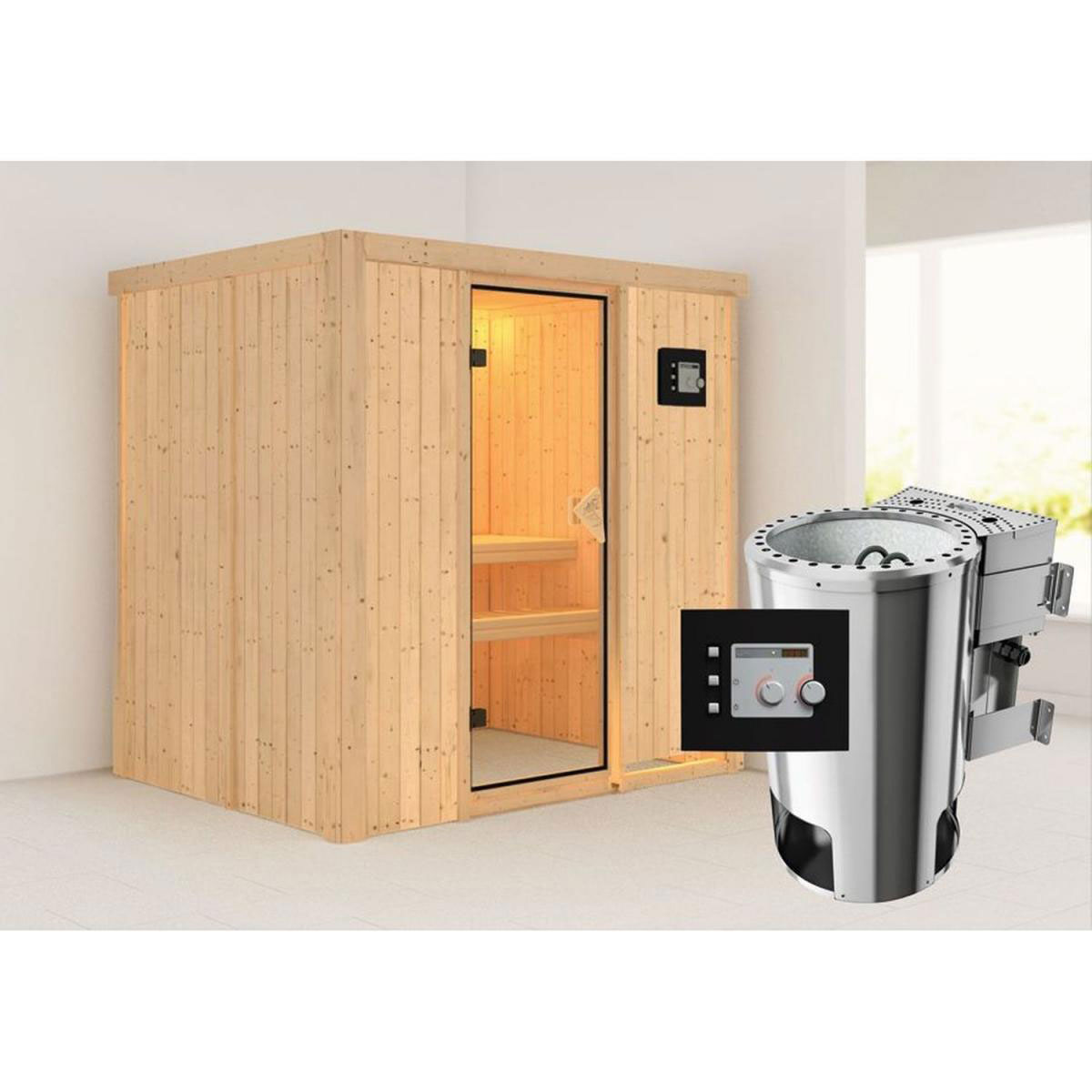 Karibu Systemsauna Fanja 68 mm 3,6 kW Ofen Bio externe Strg ohne Dachkranz Bild 1