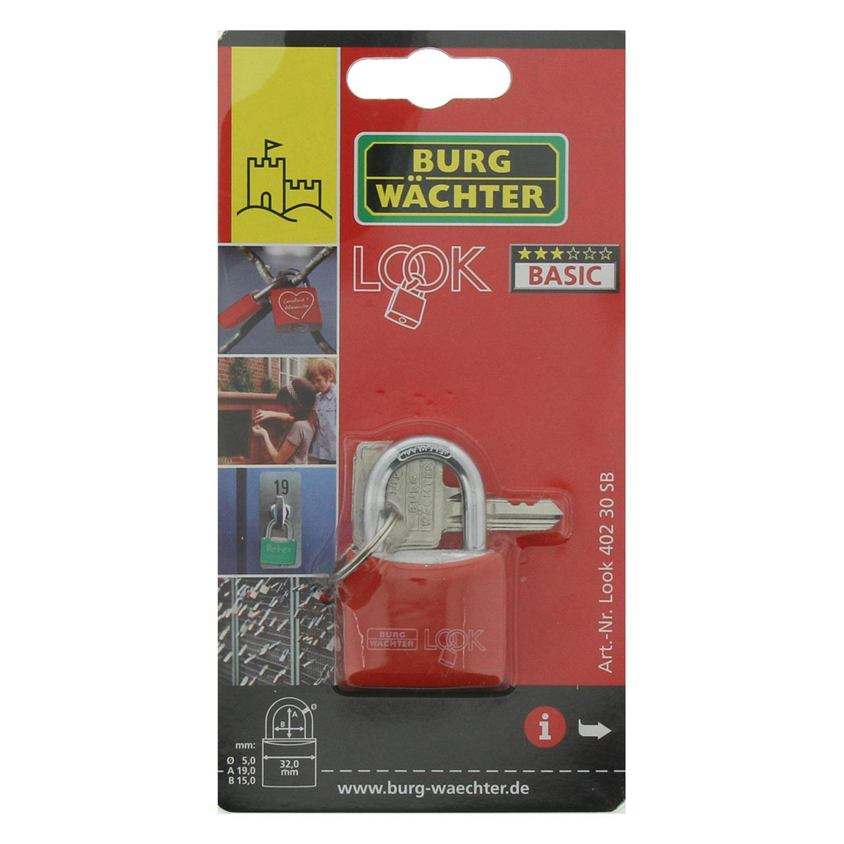 Burg Wächter Zylinder-Vorhängeschloss Look 402 51,5 30 x 51,5 x 14,8 mm