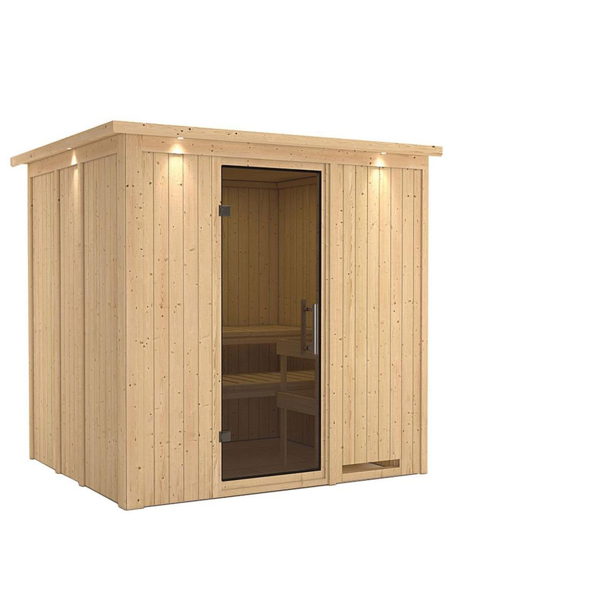 Karibu Sauna Daria Fronteinstieg ohne Ofen mit Kranz graphitfarbene Glastür Bild 2