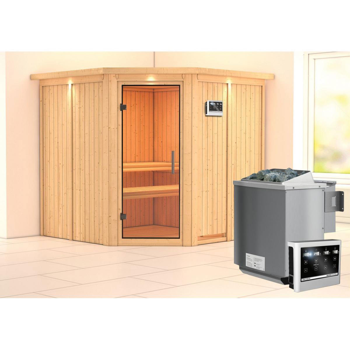 Karibu Sauna Jarin Eckeinstieg 9kW Bio Ofen mit Kranz Klarglas-Tür Bild 7