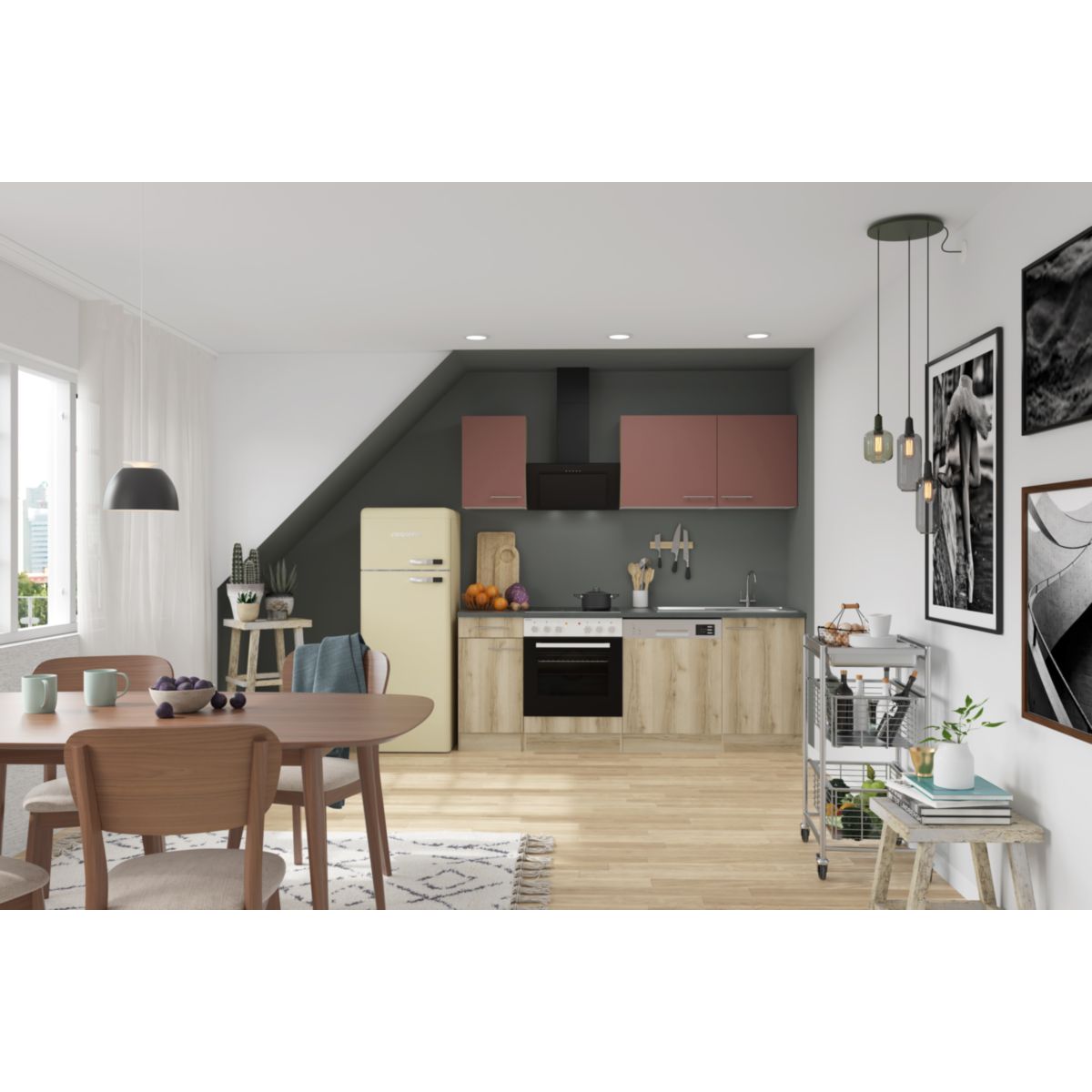 optifit Miniküche Bari407 Livorno290 210 x 226,8 x 60 cm Rostrot   Wildeiche Nachbildung Wildeiche Nachbildung Bild 4