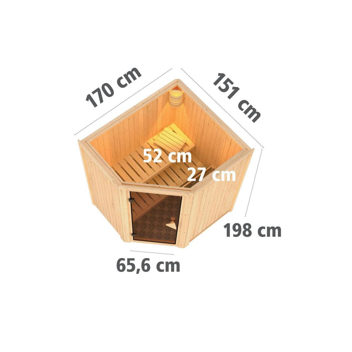 Karibu Sauna Tonja Eckeinstieg 3,6 kW Ofen integr Strg kein Kranz Klarglas-Tür Bild 9