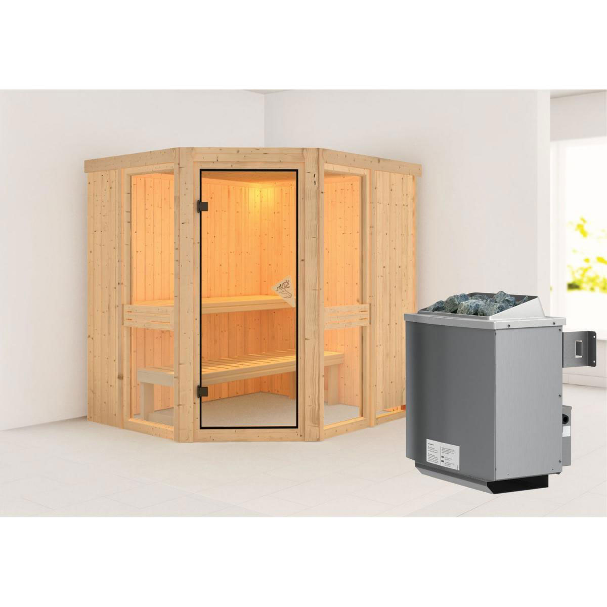 Karibu Amelia 1 Eckeinstieg 9 kW Ofen integr Strg ohne Kranz Bild 1