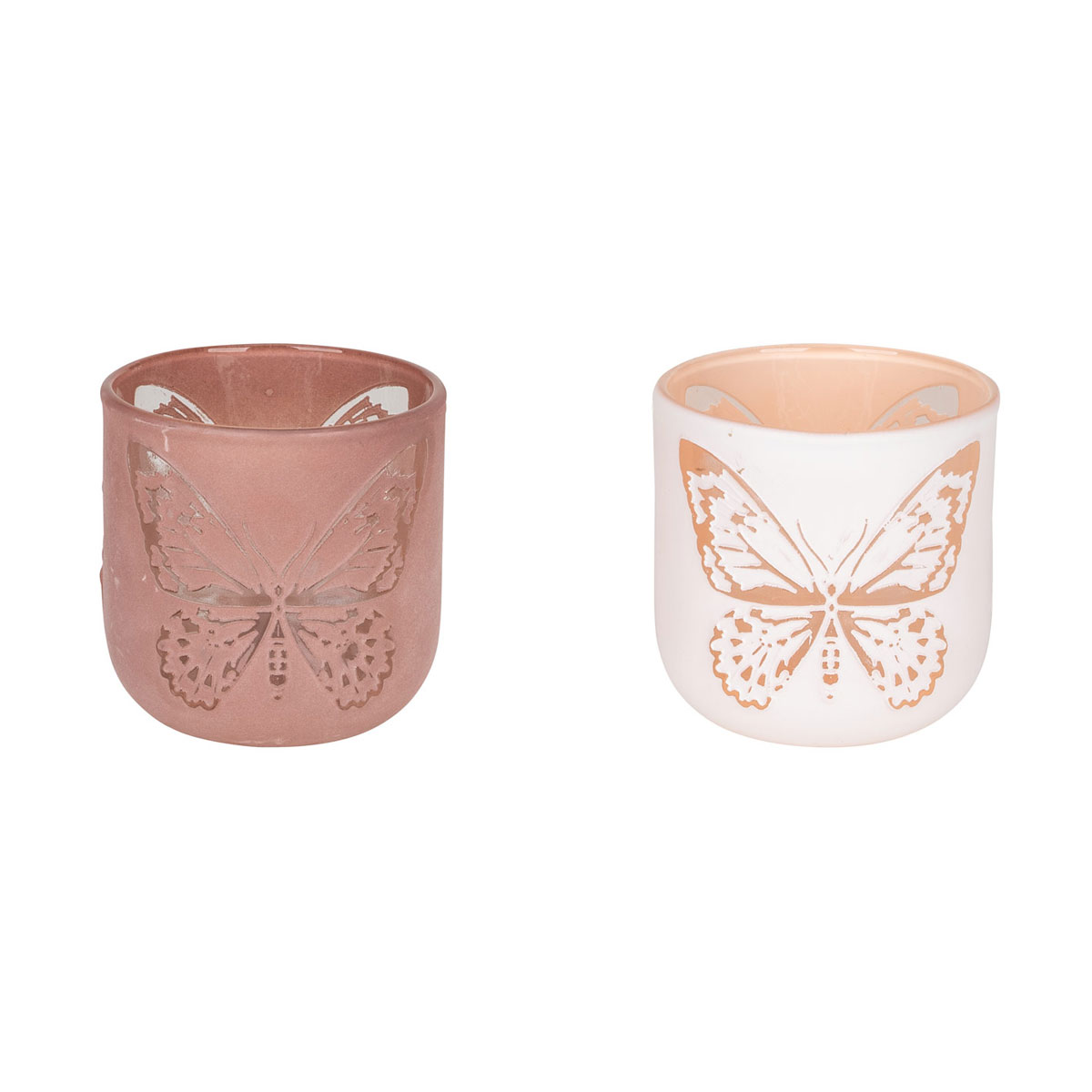 Glas-Windlicht Schmetterlingsmuster 8,5 x 8,5 cm rosa-weiß