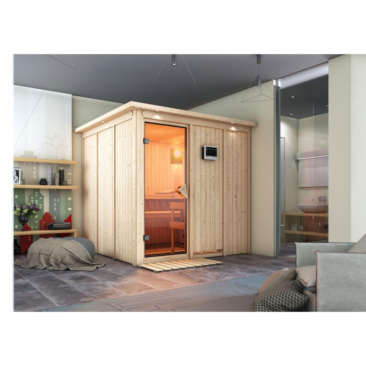 Karibu Systemsauna Rodin 68 mm 9 kW Ofen externe Strg mit Dachkranz Bild 5
