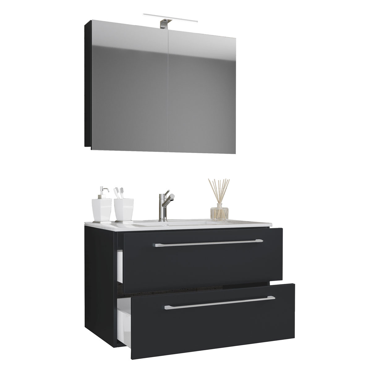 Waschplatz 60 cm 3-teilig 2 Schubfächer mit Spiegelschrank schwarz Bild 1