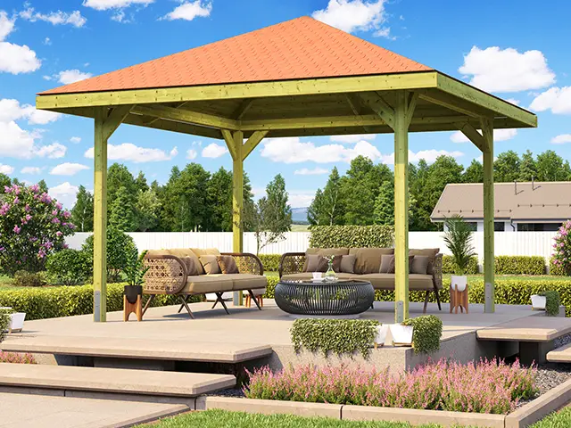 Ein Pavillon steht auf einer Terrasse mit Sitzmöbeln, umgeben von einem gepflegten Garten.