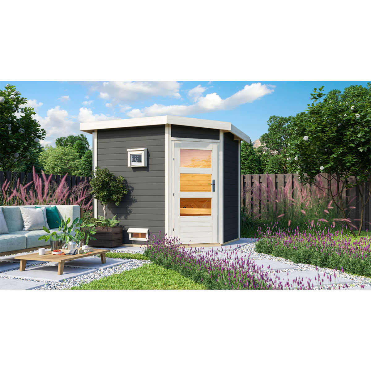 Karibu  Saunahaus- Set „Mikka“ terragrau mit Ofen 9 kW ext. Steuerung Bild 2