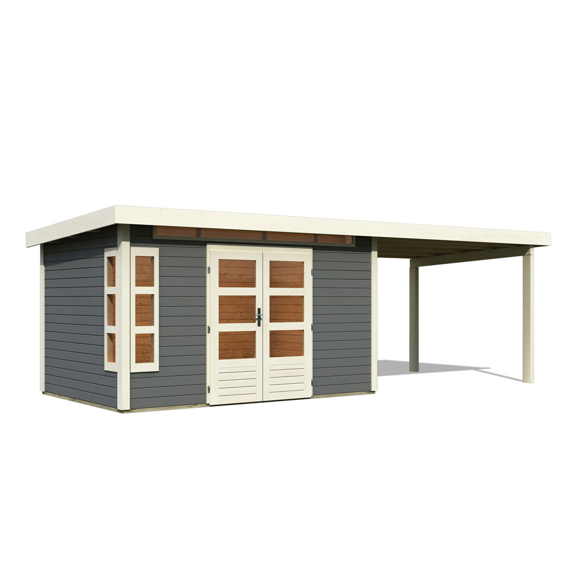 Karibu  Blockbohlenhaus Kastorf 7 terragrau mit Anbaudach Bild 3