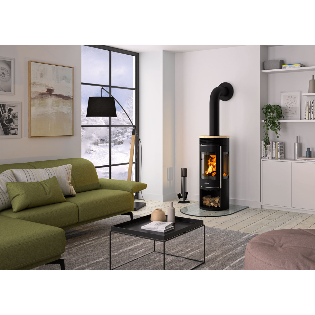 Kaminofen Mino Trios 2.0 Stahl Schwarzmit Abdeckplatte Sandstein Bild 2