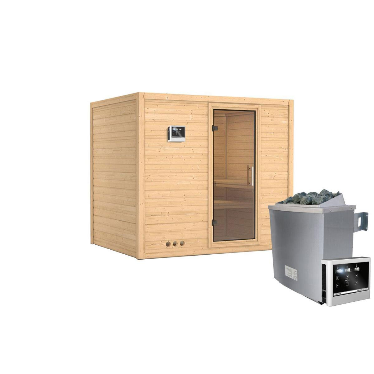 Karibu Sauna Sonara Fronteinstieg 9 kW Ofen externe Strg kein Kranz Klarglas-Tür Bild 1