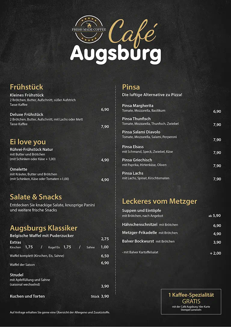 Die Speisekarte vom Café Augsburg zeigt das Frühstücksangebot, Pinsas, Snacks und Metzger-Spezialitäten.