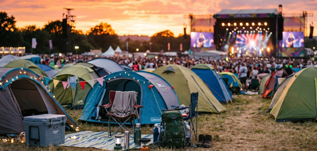 Festival Szene mit Campingplatz und Bühne im Hintergrund