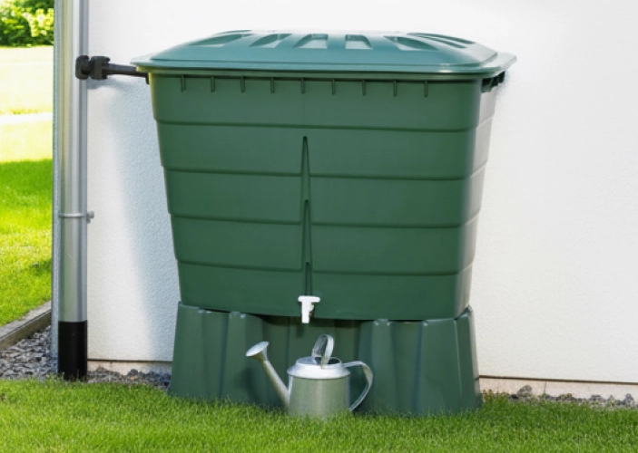 Grüne Regentonne im Garten