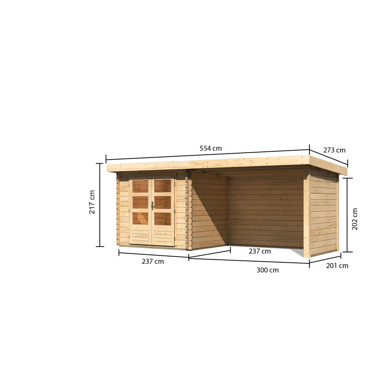 Karibu  Blockbohlenhaus Bastrup 2 naturbelassen mit Anbaudach und Seiten Bild 2