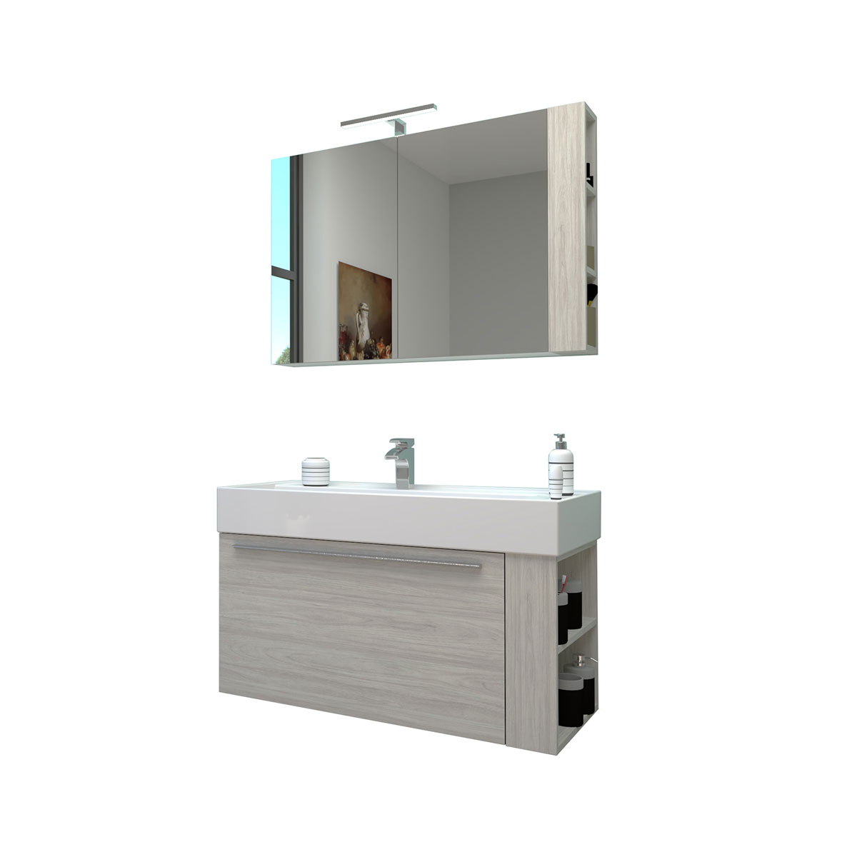 Progetto Idea Stella Badmöbel DOMUS 100 Ulme creme mit Spiegelschrank und Lampe