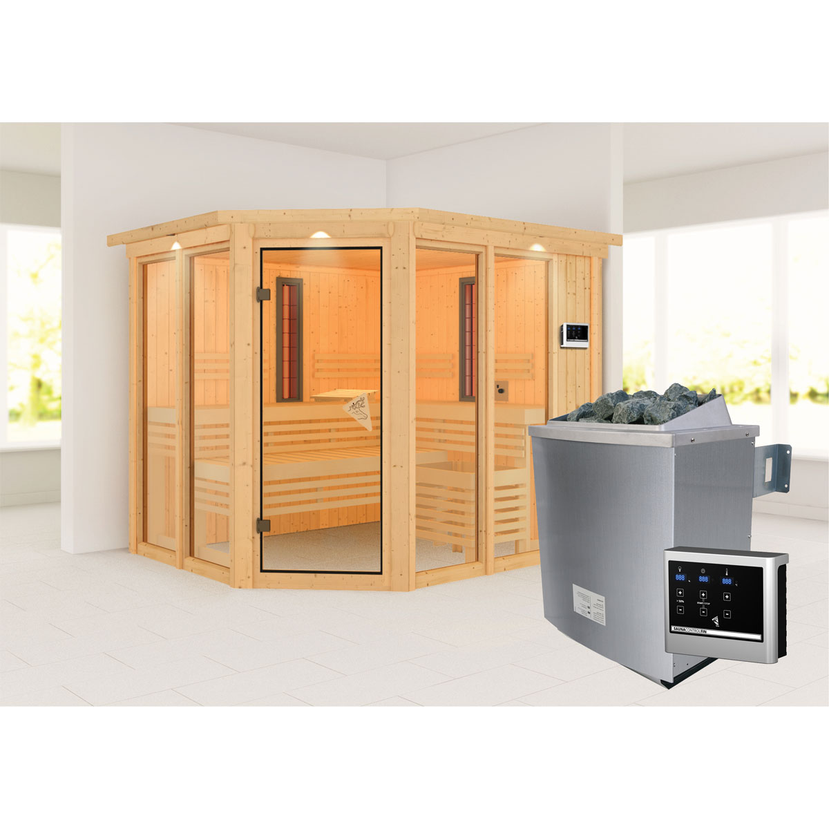 Karibu Infrarotkabine Ava mit Kranz naturbelassen externe Steuerung Bild 1