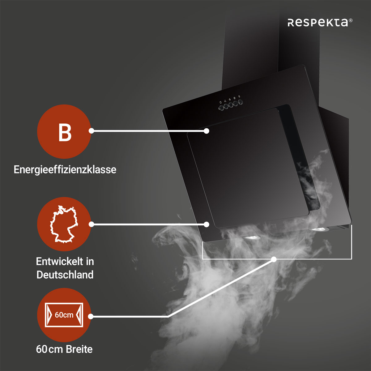 Respekta Haube Schwarz, 60 cm, EEK B3 Leistungsstufen LED-Beleuchtung Bild 5