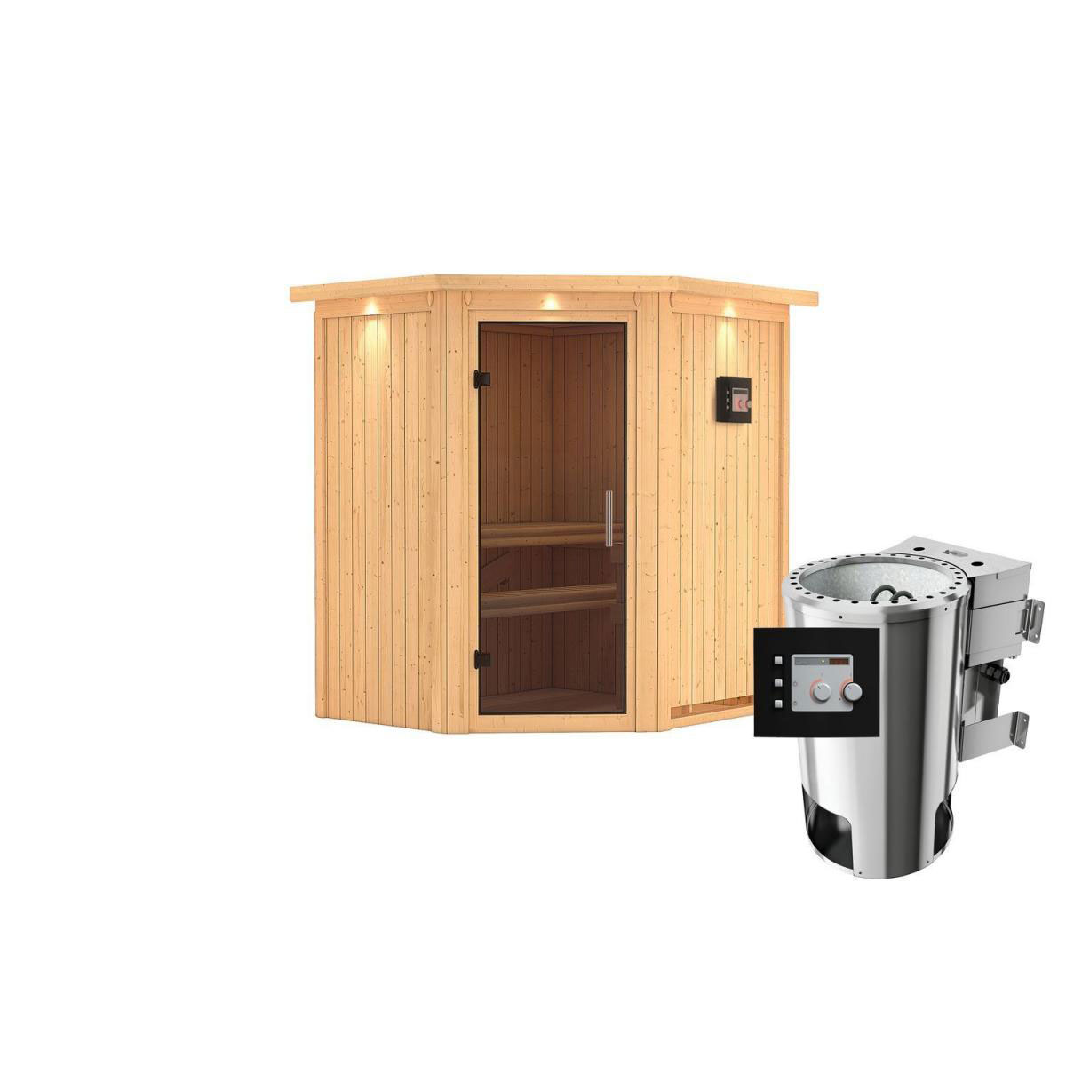 Karibu Sauna Tonja Eckeinstieg 3,6 kW Bio Ofen externe Strg modern mit Kranz graphitfarbene Glastür Bild 2