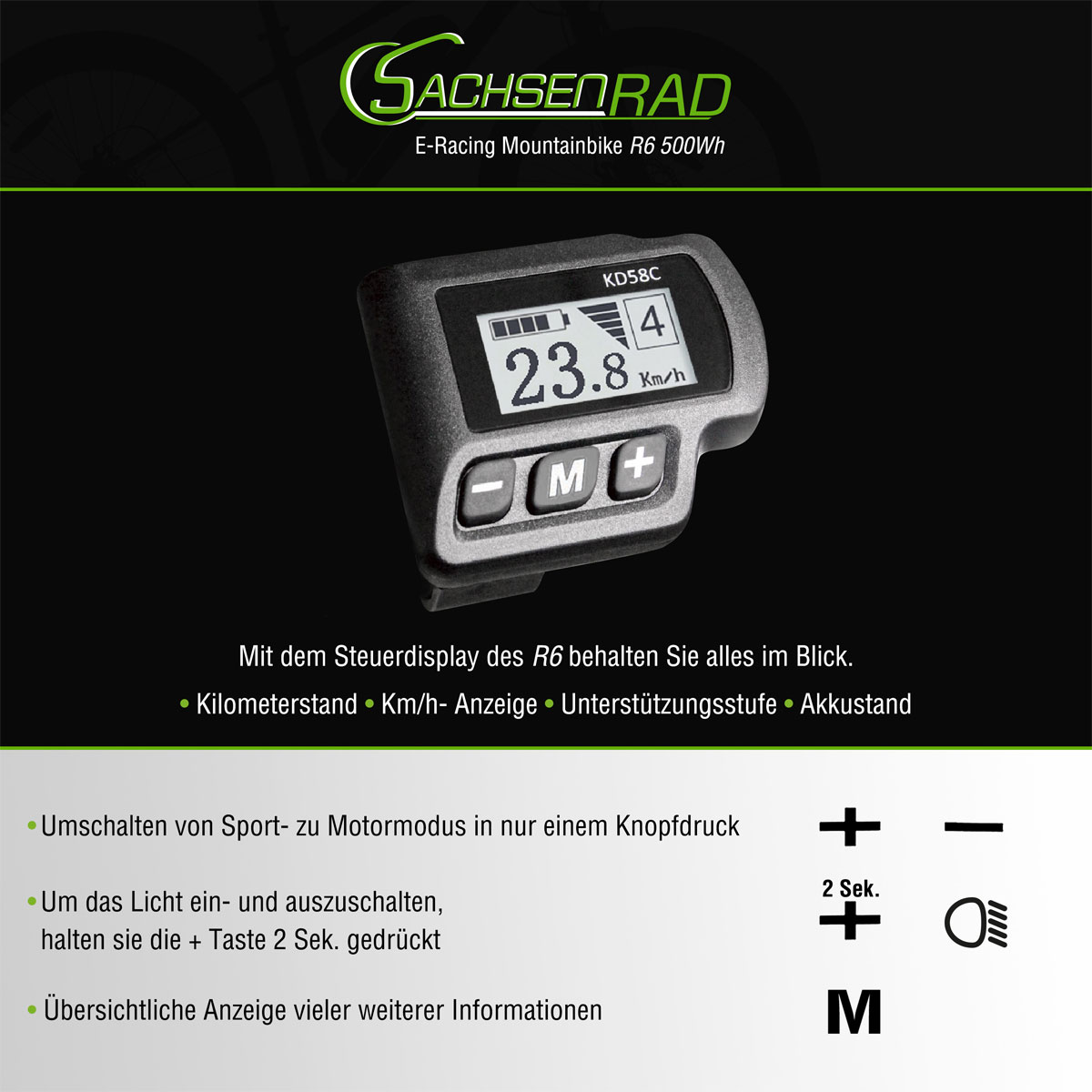 SachsenRad E-Racing Mountain Bike R6 500Wh 13,4Ah E-Bike 26" ca.150 KM Reichweite Bild 6