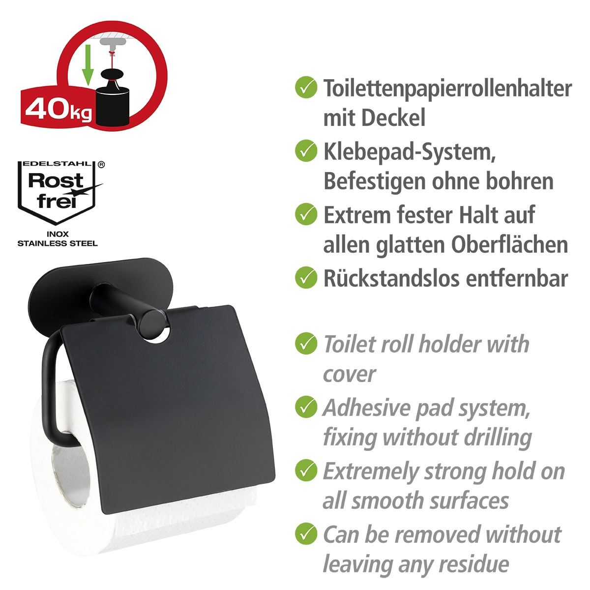 Wenko  Turbo-Loc Edelstahl Toilettenpapierhalter mit Deckel Orea Black Matt WC-Rollenhalter Befestigen ohne bohren Bild 3