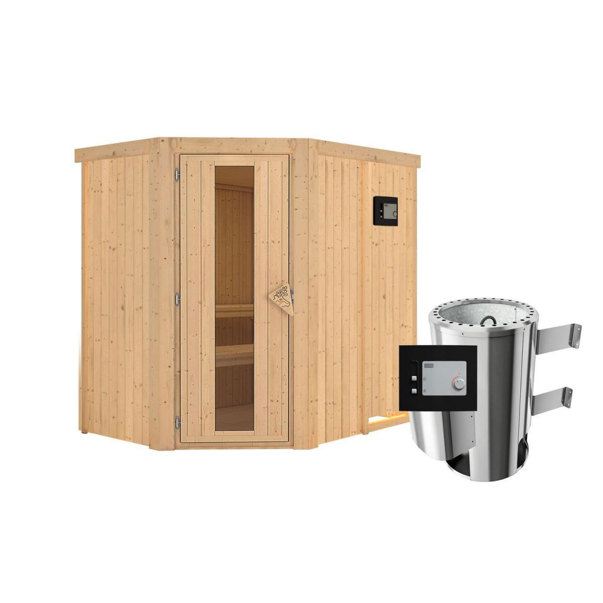 Karibu Sauna Saja Eckeinstieg 3,6 kW Ofen externe Strg modern kein Kranz Energiespartür
